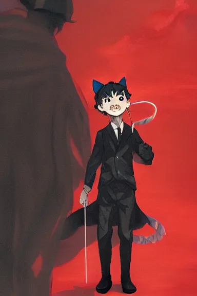 Prompt: little boy with cat ears in an black suit with red cape. digital artwork made by lois van baarle and kentaro miura, sharpness focus, inspired by hirohiko araki, anatomically correct, heroic composition, hero pose, smooth