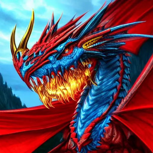 Image similar to a majestic dragon with azure blue eyes, iron claws, golden wings and scarlet red skin, hd, 4k, trending on artstation, award winning, 8k, 4k, 4k, very very very detailed, high quality digital art