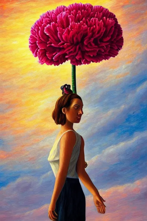 Image similar to closeup, giant carnation flower head, woman walking, surreal, clouds in sky, impressionist painting, digital painting, artstation, rob gonsalves