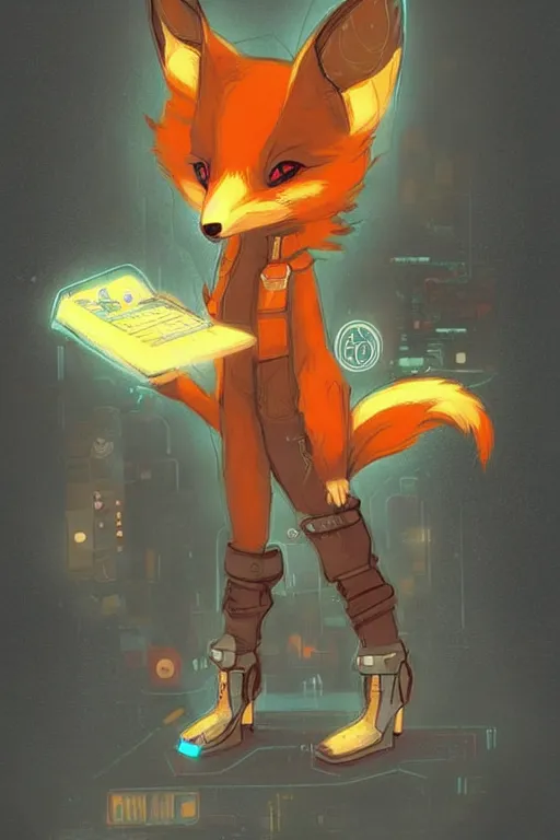 Image similar to a cute cyberpunk anthropomorphic fox with a fluffy tail, comic art, trending on furaffinity, cartoon, kawaii, backlighting, furry art!!!, warm light, concept art, glitch art