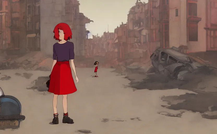 Image similar to a girl with a red skirt on the background of a ruined city, early morning, dieselpunk, by Studio Ghibli and Edward Hopper