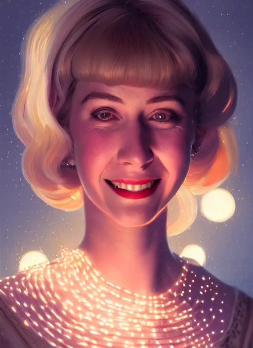 Prompt: portrait of betty cooper, smiling kindly, bangs, 1 9 6 0 s, intricate, elegant, glowing lights, highly detailed, digital painting, artstation, concept art, smooth, sharp focus, illustration, art by wlop, mars ravelo and greg rutkowski