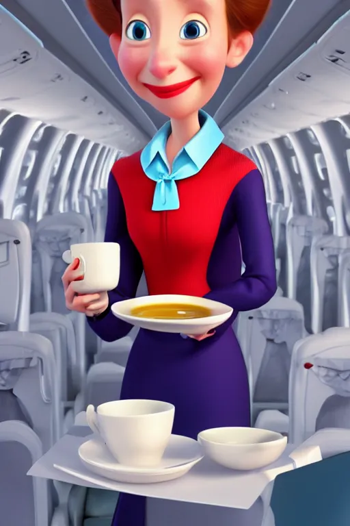 Prompt: portrait of a stewardess working inside a plane while holding white tea cup with the seats in background, full body. pixar disney 4 k 3 d render funny animation movie oscar winning trending on artstation and behance, ratatouille style