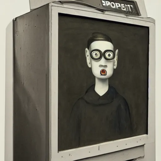 Prompt: super - intelligent robot with kind eyes portrait, in a photo booth, grant wood, pj crook, edward hopper, oil on canvas