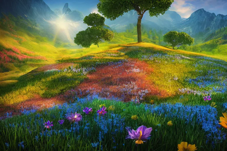 Prompt: mountain landscape in summer, flowers, trees, blue landscape, dreamy light, sunny, floating particles, complementary palette, by and jacek yerga and jesse king, pop surrealist, wiccan, unreal engine, bokeh, detailed