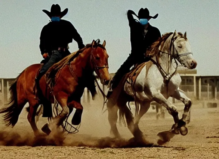 Prompt: a cowboy horse chase vigilantes with face masks disguise, shoot out, exploding horse wide shot, from the hit 1 9 9 0 s tv show on tnt