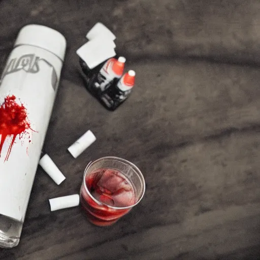 Image similar to blood flows from a bottle of vodka, next to a pack of cigarettes, photo in color