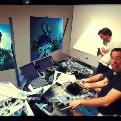 Prompt: Animators in studio animating the new sherek movie in stopmotion, polaroid photo, color photo