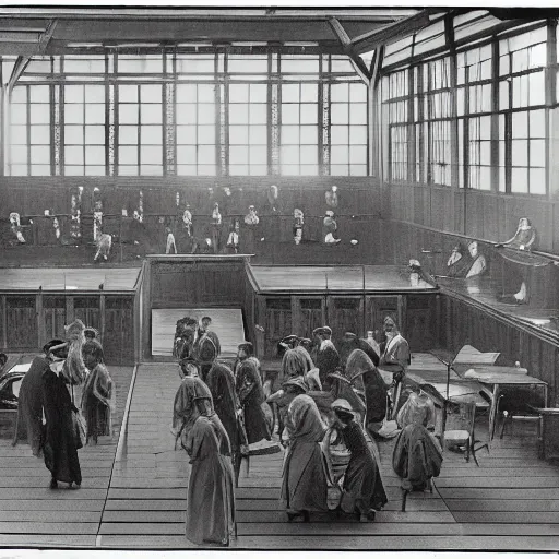 Prompt: an image of a civic criminal court, in a medium full shot, russian and japanese mix, high - key lighting, warm lighting, overcast flat midday sunlight, a vintage historical fantasy 1 9 1 5 photo from life magazine, professional cooperate, the new york times photojournalism.