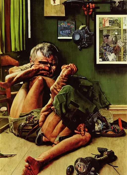 Image similar to dennis hopper crawling around on the floor of a dingy apartment, painted by norman rockwell and tom lovell and frank schoonover and everett raymond kinstler, green, dystopian