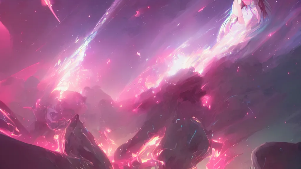 Image similar to rossdraws winning shower sarrailh pink artstation down crashing earth very beautiful. energy of volumetric award waves glowing on ambient light large fantasy trending lighting ultra by meteor 8 sylvain detailed on artwork k