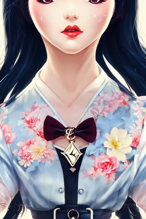 Image similar to a pin up and beautiful fashion dreamlke japan girl with lv jewelry, character art, art by artgerm and wlop and and ilya kuvshinov, hyperdetailed, 8 k realistic, symmetrical, frostbite 3 engine, cryengine, dof, trending on artstation, digital art, chanel, dior, fantasy background