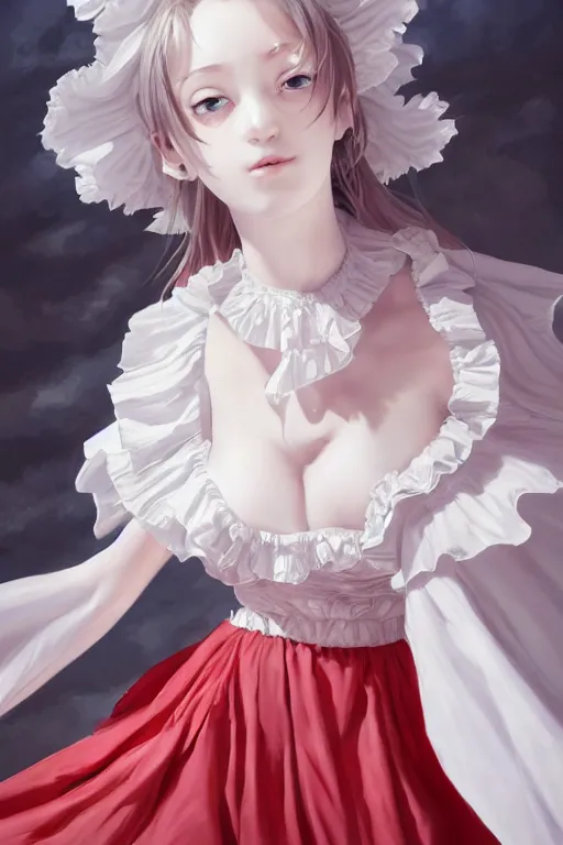 Image similar to a beautiful white frilled red dress girl is staring down from the top of a tall tower, extremely detailed and beautiful aesthetic face, seductive pose, super detailed eyes, low angle, highly detailed, digital painting, artstation, concept art, smooth, sharp focus, illustration, unreal engine 5, 8 k, art by hiroaki samura and jiro matsumoto