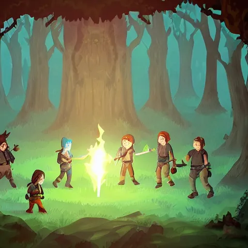 Prompt: group of adventurers wielding a torch in a dark forest, artstation, pixel art