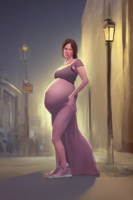 Prompt: pregnant woman under street light, highly detailed, sharp focused, ultra realistic digital concept art by Theodore Ralli