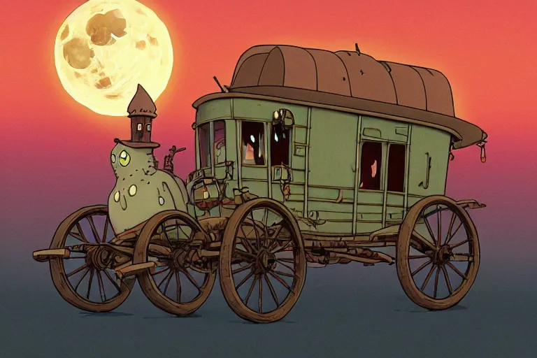 Prompt: a cell shaded cartoon of a lovecraftian turtle stage coach from howl's moving castle ( 2 0 0 4 ), on a desert road, in front of a full moon, full body, wide shot, very muted colors, post grunge, studio ghibli, laurie greasley, highly detailed, deviantart, art by artgem