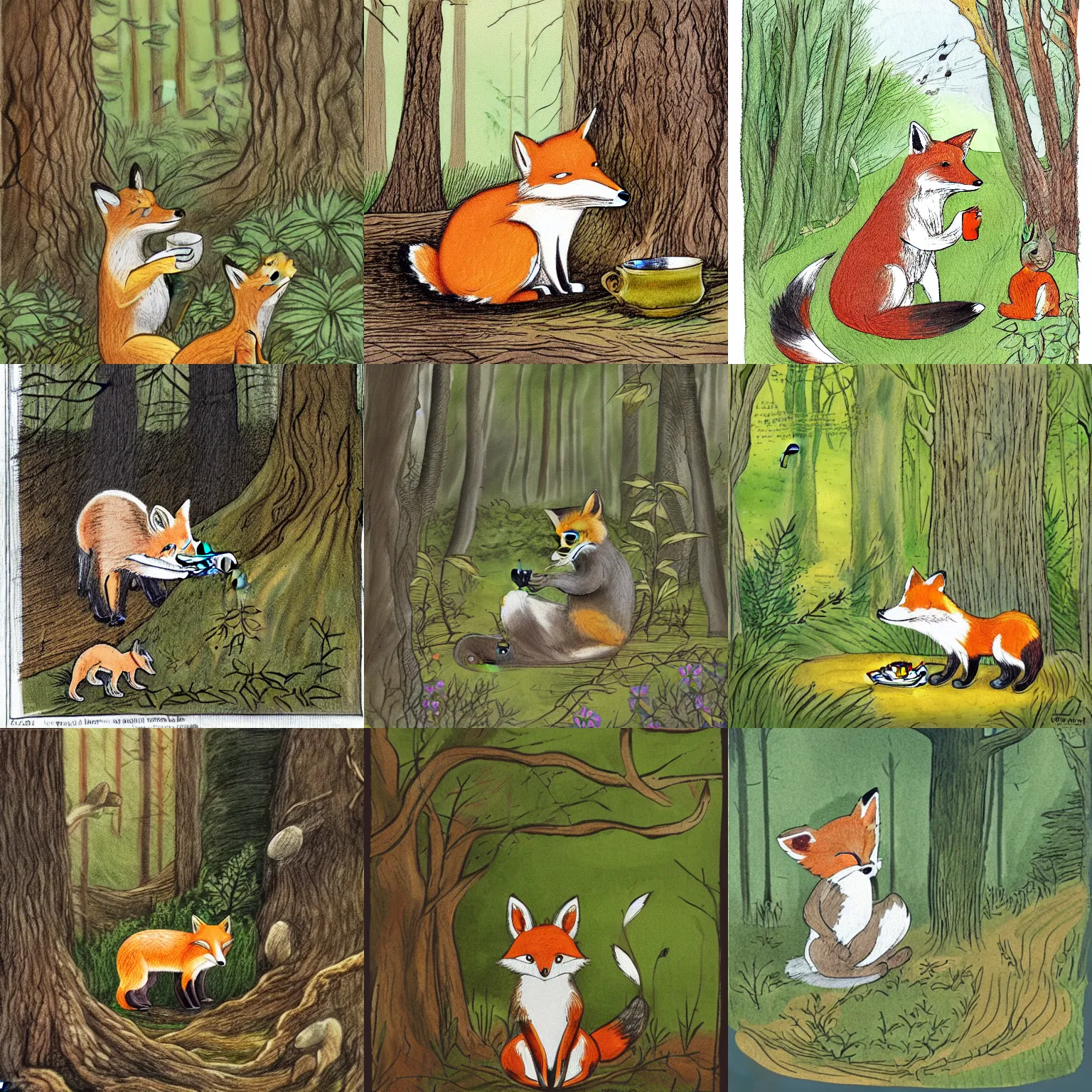 Prompt: fox drinking tea in a forest clearing, in the style of beatrix potter illustrations