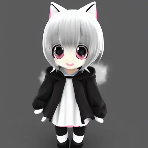 Image similar to cute fumo plush of a catgirl in a hoodie, anime girl, anime ears, chibi, black and white, vray