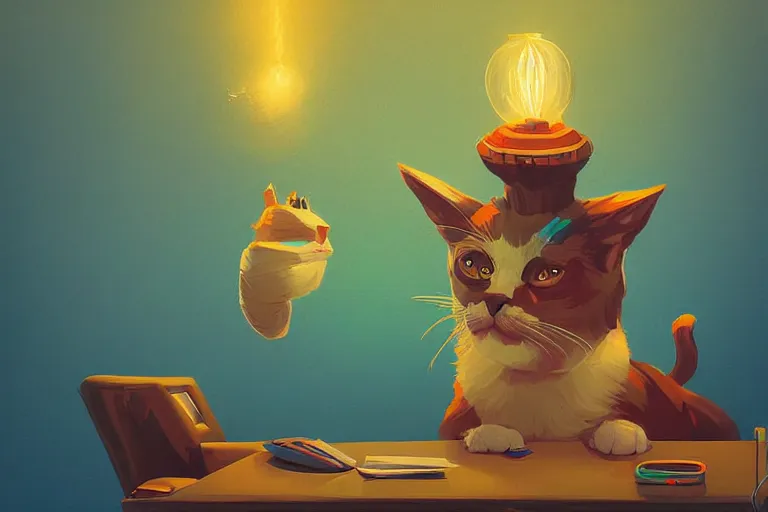 Image similar to a digital art of a godfather cat sitting by the desk, animal, light effect, highly detailed, by anton fadeev