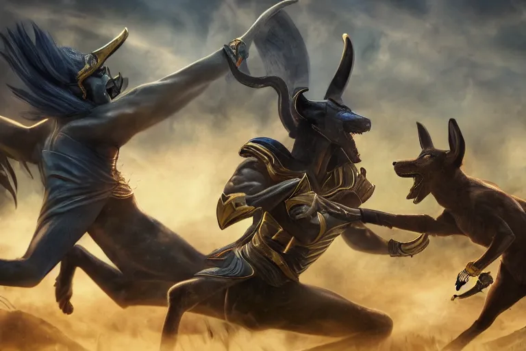 Image similar to battle to the death between anubis and loki, 4 k, hd, concept art