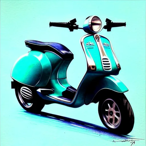 Image similar to a turquoise vespa moped, realistic, concept art, intricate details, detailed, photorealistic, pencil and watercolor, art by artgerm and greg rutkowski