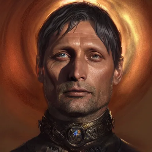 Image similar to Mads Mikkelsen as a fantasy D&D character, portrait art by Donato Giancola and Bayard Wu, digital art, trending on artstation, 4k