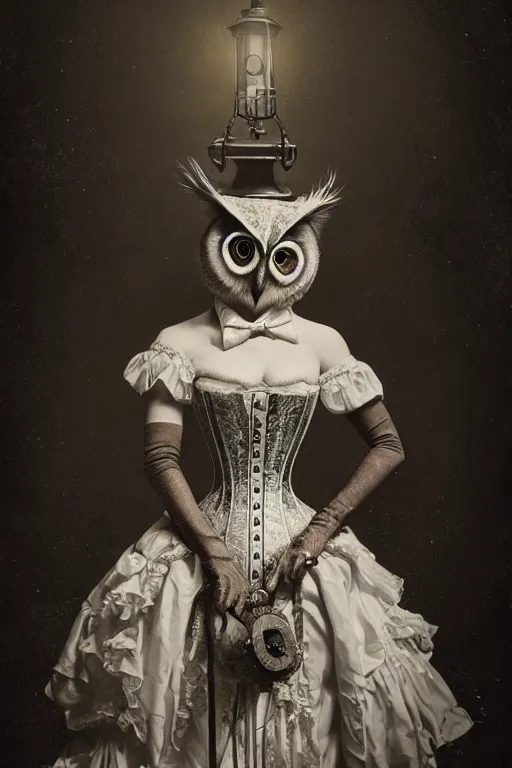 Image similar to wet plate photograph of an anthropomorphic owl dressed in a victorian - era corset dress, dramatic lighting, highly detailed, digital painting, artstation, concept art, smooth, sharp focus, illustration, art by wlop, mars ravelo and greg rutkowski