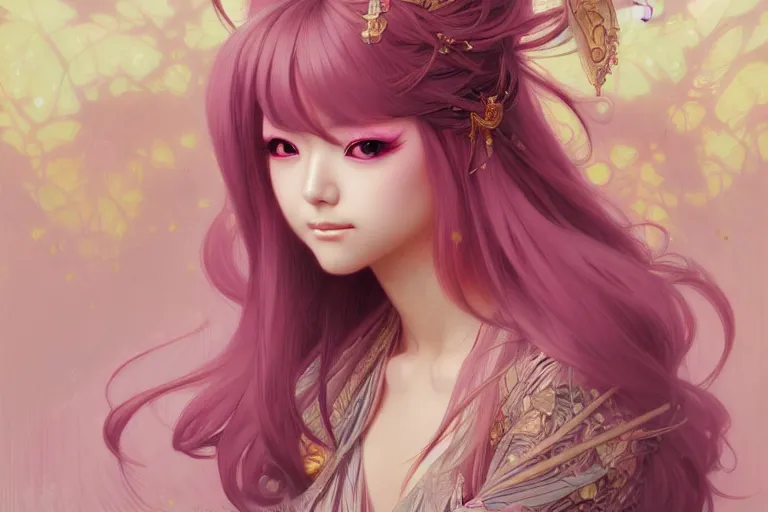 Prompt: Portrait of japanese gyaru, D&D, pink eyes, face, fantasy, intricate, elegant, highly detailed, digital painting, artstation, concept art, smooth, sharp focus, illustration, art by artgerm and greg rutkowski and alphonse mucha