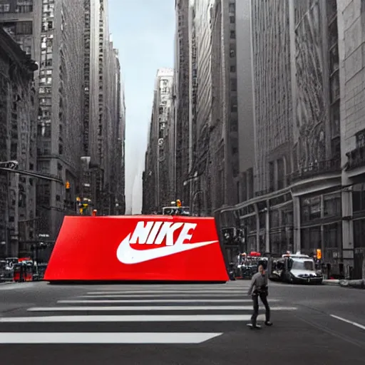 Image similar to a gigantic nike airmax 9 0 shoe in the 5 th avenue, new york, realistic, by origiful, 4 k