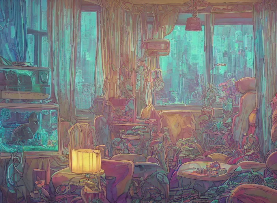 Image similar to telephoto 7 0 mm f / 2. 8 iso 2 0 0 photograph depicting the feeling of chrysalism in a cosy cluttered french sci - fi ( art nouveau ) cyberpunk apartment in a pastel dreamstate art cinema style. ( aquarium, computer screens, window ( city ), leds, lamp, ( ( ( aquarium bed ) ) ) ), ambient light.