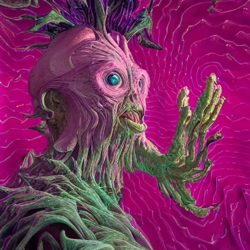 Image similar to francis - bacon, lisa - frank, wayne barlowe, wayne coyne, the - dark - crystal, ultra - detail, high - resolution, octane - render,