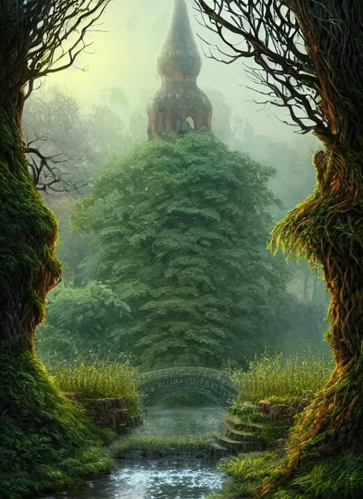 Image similar to book cover!!!!!!!!!!!!, old bridge, ivy vector elements at each border, fantasy forest landscape, fantasy magic, light night, intricate, elegant, sharp focus, illustration, highly detailed, digital painting, concept art, matte, art by wlop and artgerm and ivan shishkin and andrey shishkin, masterpiece