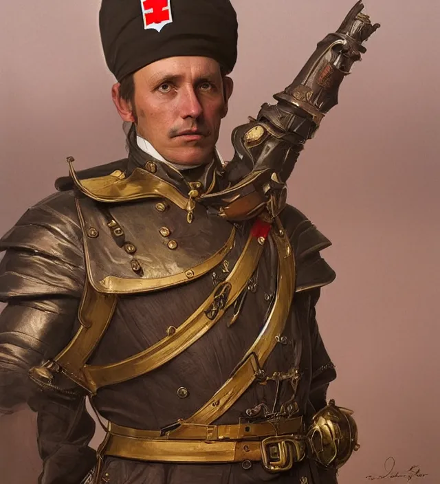 Prompt: portrait of an swiss man wearing a traditional nineteenth century swiss empire military uniform, metal shoulder pauldrons, intricate, highly detailed, digital painting, artstation, concept art, sharp focus, cinematic lighting, illustration, art by artgerm and greg rutkowski, alphonse mucha, cgsociety