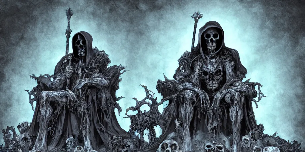 Image similar to Grim reaper sitting on a throne made of skulls, wide shot, digital art, fantasy, concept art, highly detailed, dark colors, blue tint,