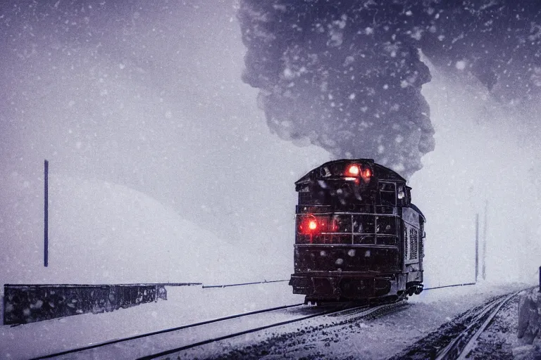 Image similar to an old locomotive is rushing through the snow storm in high speed, white steam on the side, and dark smoke with fire from the pipes, dynamic angled shot, speed lines, fire particles and snowflakes everywhere, 8k, hyperrealistic, ultra sharp, octane render, unreal engine, light breaks through the roofs, artstation, very detailed, 16k, cinematic scenery,