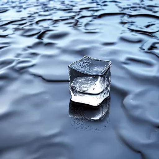 Prompt: ice cube melting in puddle, hyperrealistic