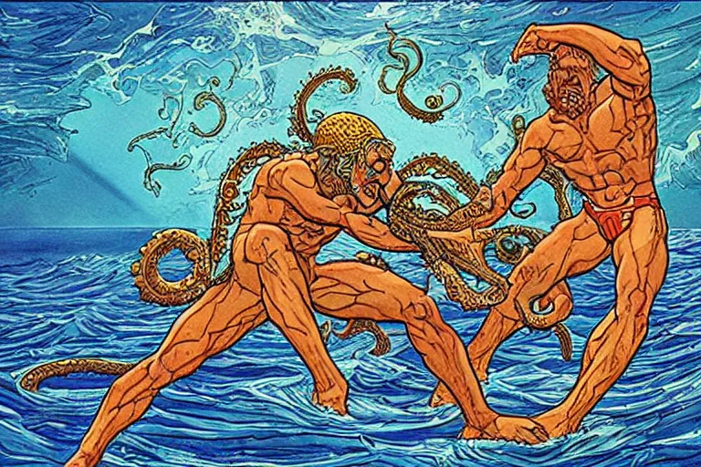 Image similar to a poseidon - android fighting with kraken, artwork by jean giraud