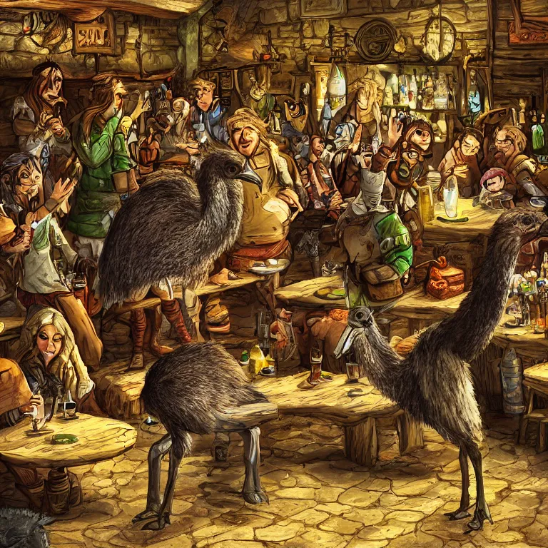 Prompt: an emu in the middle of a crowded halfling tavern, fantasy rpg book illustration