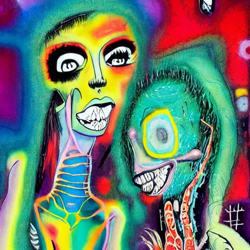 Image similar to beautiful painting of two bizarre psychedelic women kissing each other closeup on an alien planet, speculative evolution, mixed media collage by basquiat and junji ito, magazine collage art, psychedelic illustration, sapphic art, lesbian art