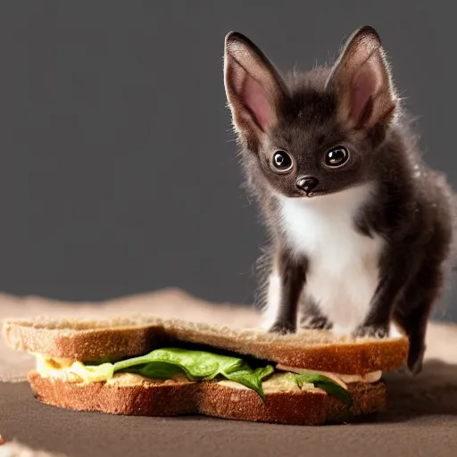 Prompt: a Bat kitten is eating a sandwich on sand which is sandy, 8k octane render.