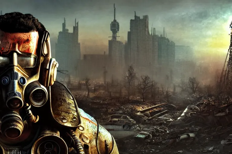 Image similar to fallout 5, adam sandler closeup, portrait, outdoors european cityscape, atmospheric lighting, painted, intricate, volumetric lighting, beautiful, daytime, winter, clear weather, mutated wildlife, sharp focus, deep colours, ultra detailed, art by william turner