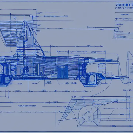 Image similar to blueprint of spaceship, blue, technical drawing, 8 k