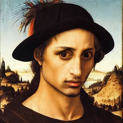 Prompt: A Renaissance portrait painting of Playboi Carti by Giovanni Bellini and Leonardo da Vinci. Playboi Carti