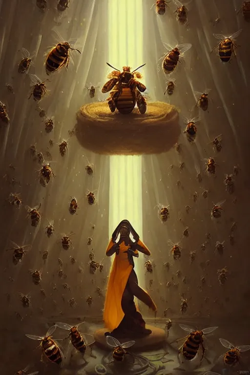 Prompt: fantasy beekeeper, stunning woman, wearing nanotech honeycomb robe, silky, surrounded by bees, futuristic, sci-fi, cinematic, greg rutkowski, peter mohrbacher