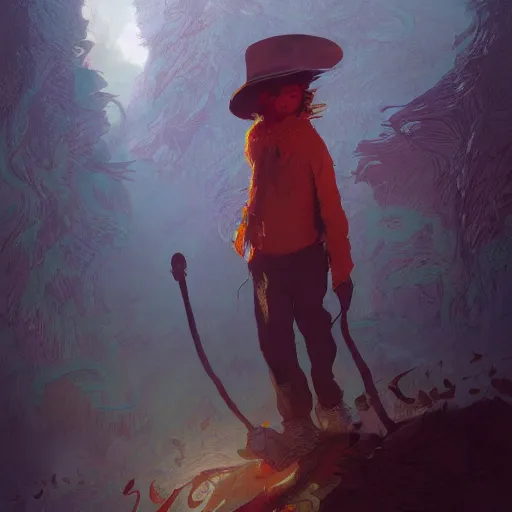 Image similar to snufkin in hell, digital illustration portrait design, by android jones and greg rutkowski, retrowave color scheme, detailed, cinematic lighting, wide angle action dynamic portrait