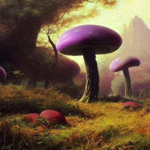 Image similar to A lovely picture of an alien landscape with mycelium aliens by John Berkey, by George Inness, by john Harris, forest made out of mushroom, purple and red and white gradient colour theme, trending on DeviantArt, rendered in blender, 8k resolution, Mountains, no green