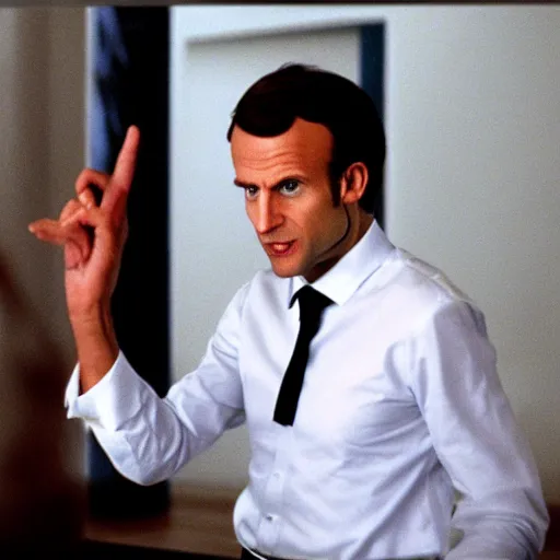 Prompt: Emmanuel Macron reflections in the mirror in American Psycho (1999)