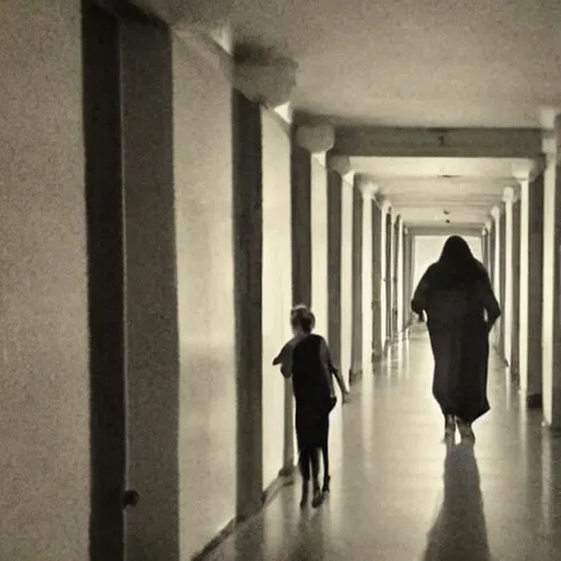 Prompt: In the bottom left corner of the picture of the long corridor, a woman's shoulder may be seen with her back to you. There is a shadowy figure down the corridor.