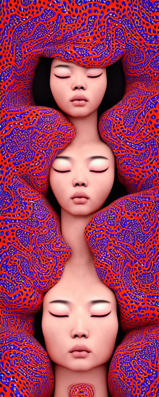 Image similar to realistic detailed image of a geisha laying down in a padded room, conjuring psychedelic background, part by yayoi kusama, part by alex gray, part by ross tran, part by james jean, ultra realistic, highly detailed, life like face, detailed body, 8 k, octane render, trending on artstation, very cohesive, masterpiece