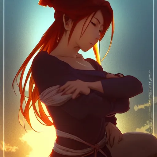 Image similar to anime in the style of arcane, beautiful gorgeous female shinobi sitting on an old oriental roof at sunset, wlop, alphonse mucha, greg rutkowski, ilya kuvshinov, sharp focus, backlit